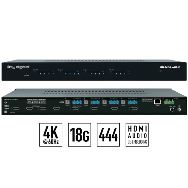 KD-MS4X4G-2 4K HDMI MATRIX SWITCHER:  4 INPUTS X 4 OUTPUTS WITH INDEPENDENT HDMI AV AND AUDIO DE-EMBED PORTS